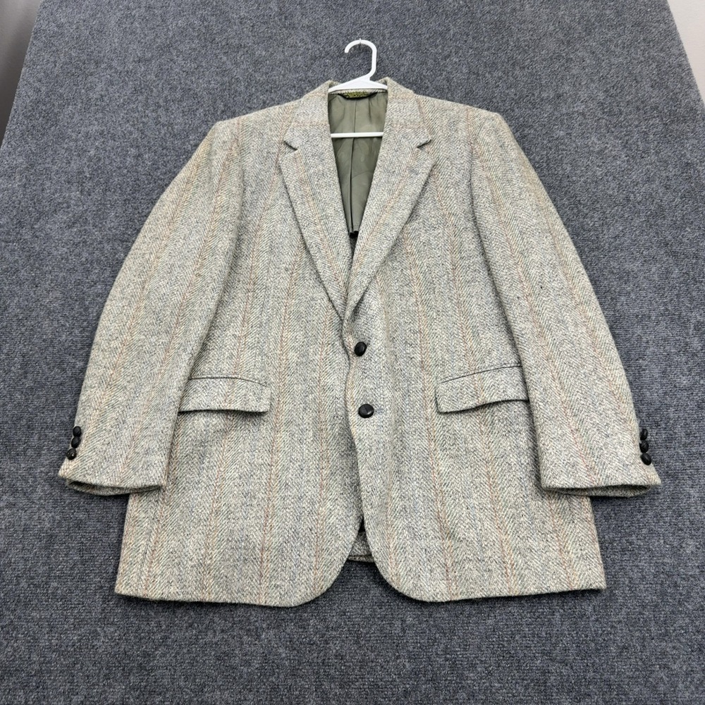 Vintage Harris Tweed Blazer‎ Mens 44 Grey Wool Herringbone Pinstripe Academia